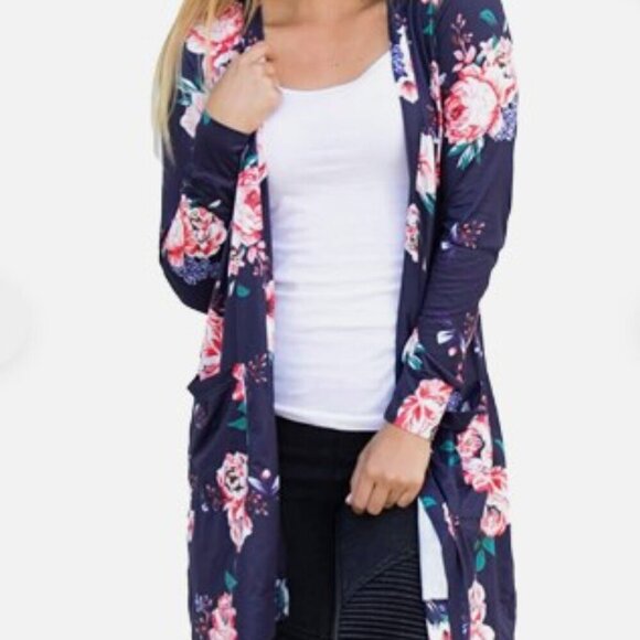 NEW BOHO  FLORAL KIMONO CARDIGAN COVERUP PLUS XXL BLUE - Picture 1 of 9